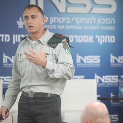 Then head of Israeli Military Intelligence Tamir Hyman speaks at the Institute for National Security Studies think tank in Tel Aviv, Jan. 28, 2020. 